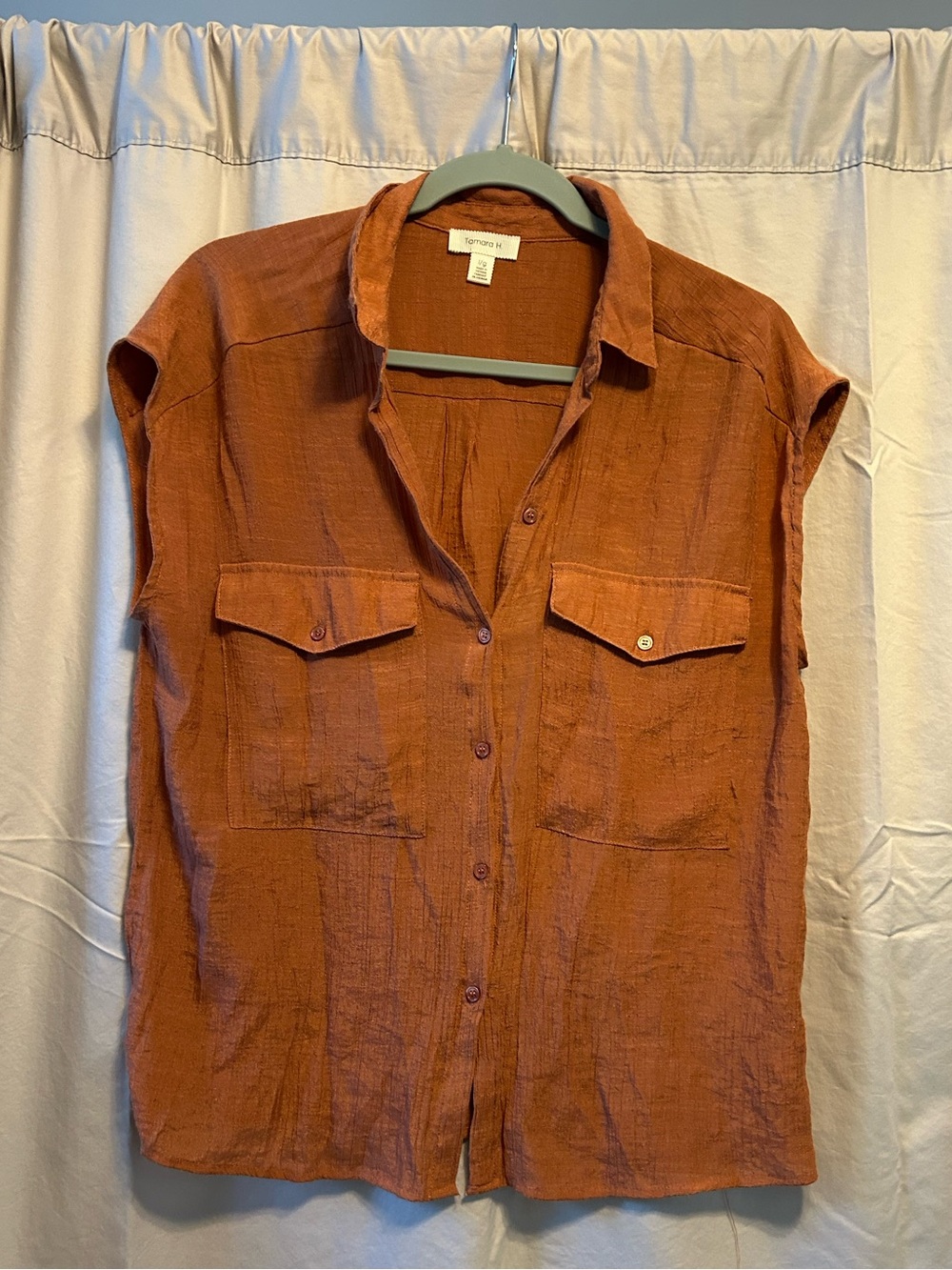Adorable Rust Orange Button-Up Cap Sleeve Shirt